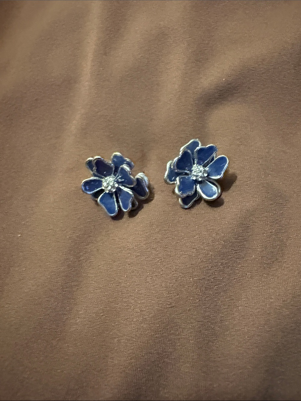Earrings ~ Navy Blue 3-D Floral Enamel Stud Earrings on Silver Like